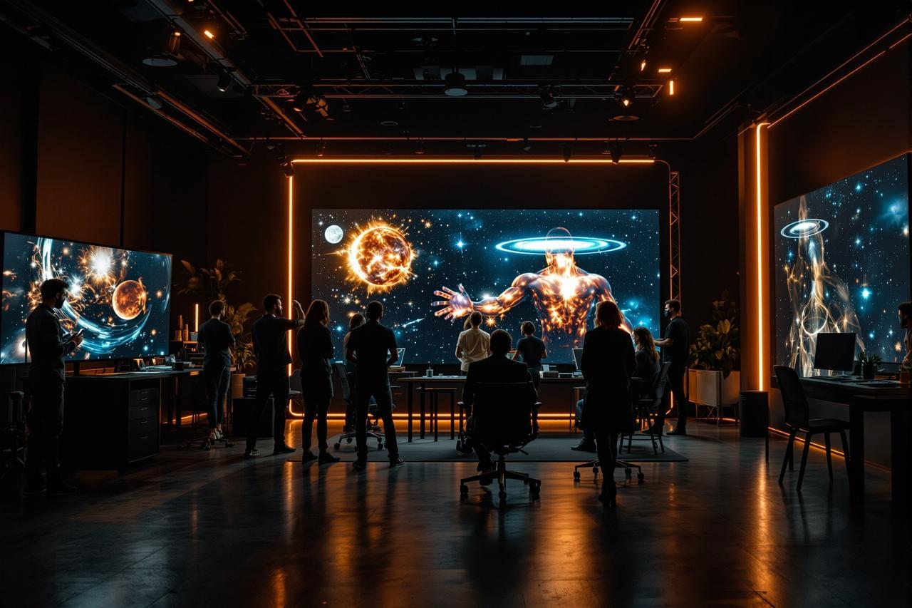 老湿影院科研团队在现代化暗色调工作室协作，大屏幕显示宇宙可视化画面